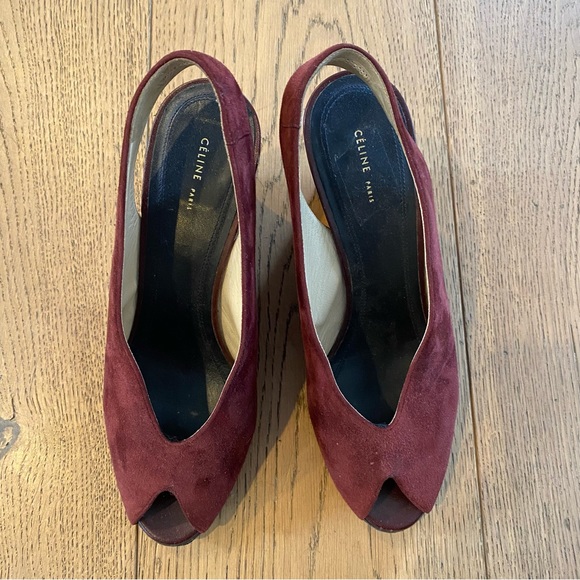 Celine by Phoebe Philo Burgundy Suede Slingback Wedges - Picture 2 of 8